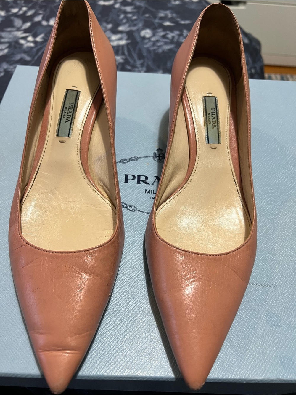 Prada-Pink Leather Pointed-Toe Pumps